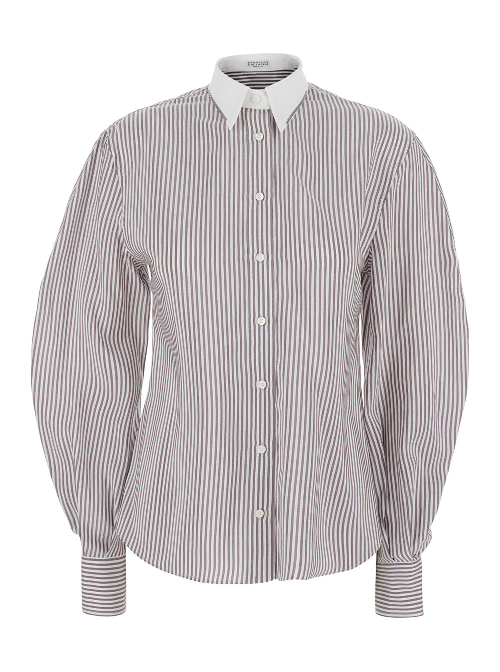Brunello Cucinelli Women Brown Shirt With All-Over Stripe Motif And Balloon Sleeves In Silk For Women BRUNELLO CUCINELLI