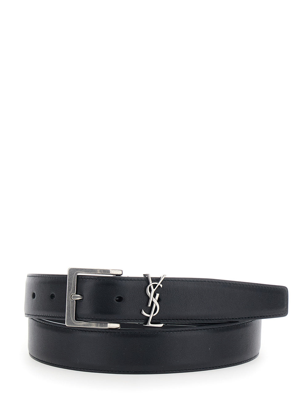 Saint Laurent Men Belt With Cassandre Plate On The Front And Adjustable Buckle In Black Leather For Men SAINT LAURENT