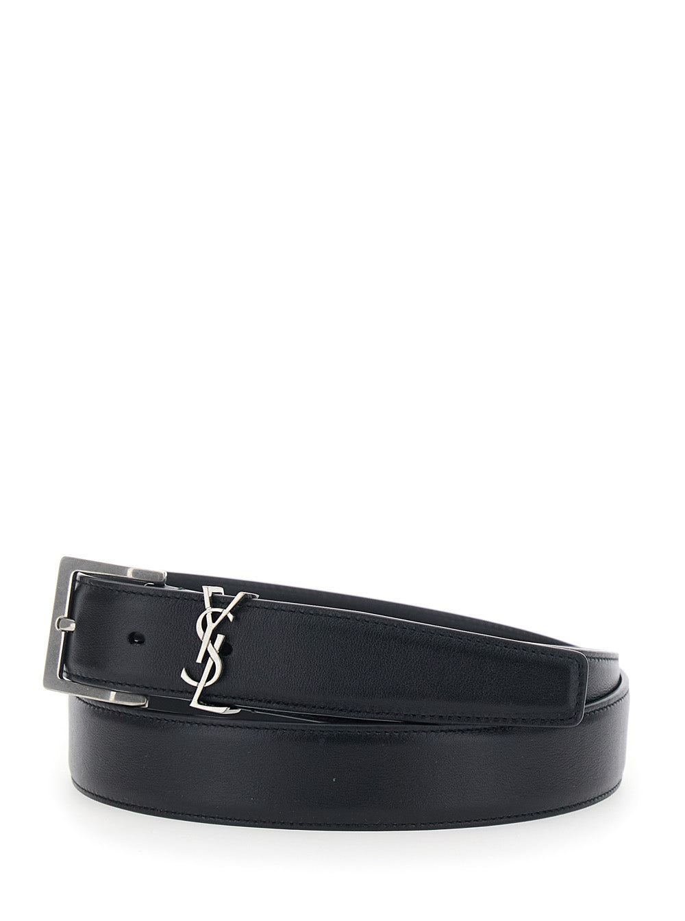 Saint Laurent Men Belt With Cassandre Plate On The Front And Adjustable Buckle In Black Leather For Men SAINT LAURENT
