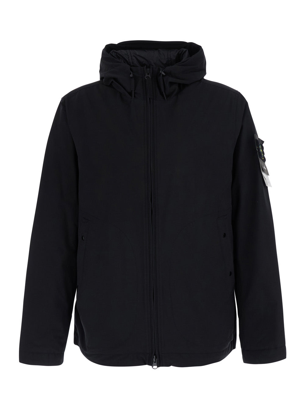 Stone Island Men Black Jacket With Hood And Logo Patch On The Sleeve In Tech Fabric For Men STONE ISLAND