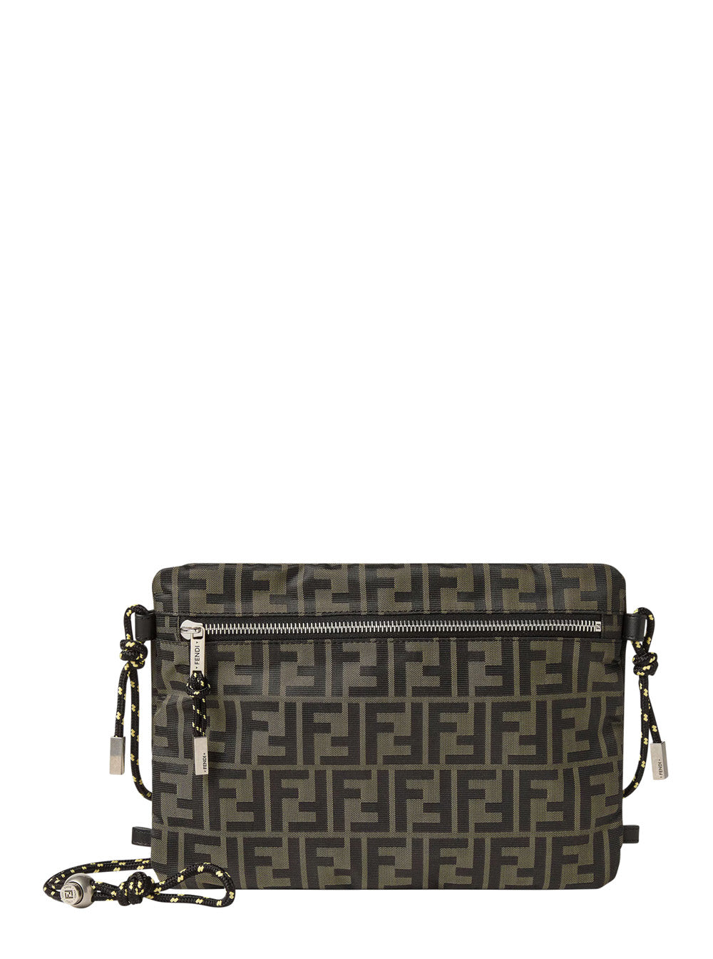 Fendi Men Brown Clutch Bag With Rope Shoulder Strap And Zip Closure In Ff Canvas For Women FENDI