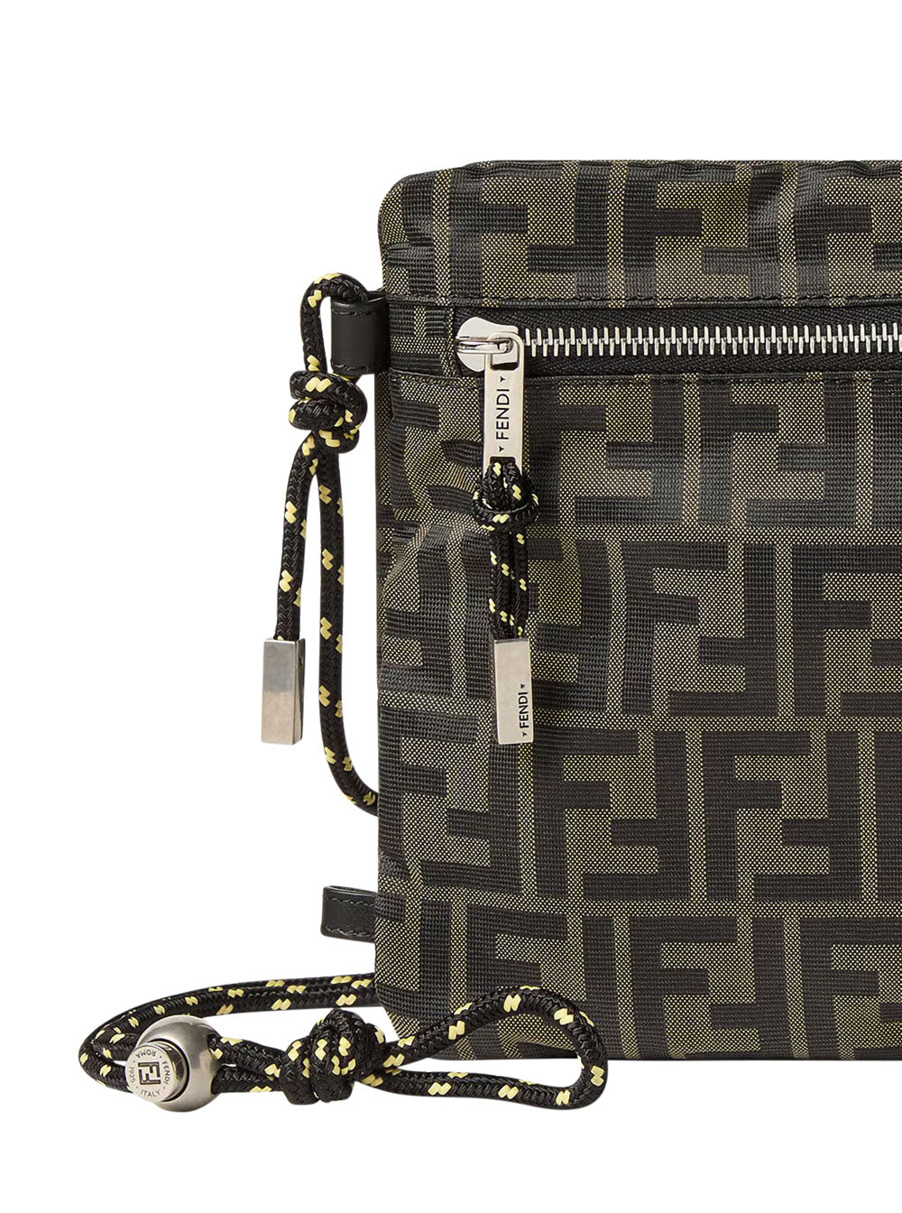 Fendi Men Brown Clutch Bag With Rope Shoulder Strap And Zip Closure In Ff Canvas For Women FENDI