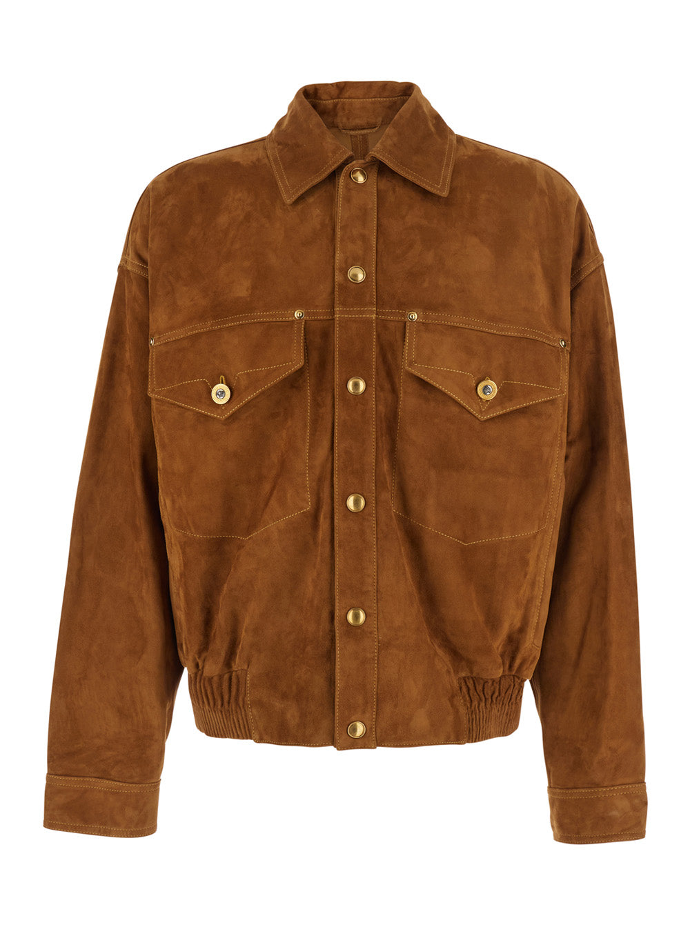 Versace Men Beige Jacket With Classic Collar And Logoed Jewel Buttons In Suede For Men VERSACE