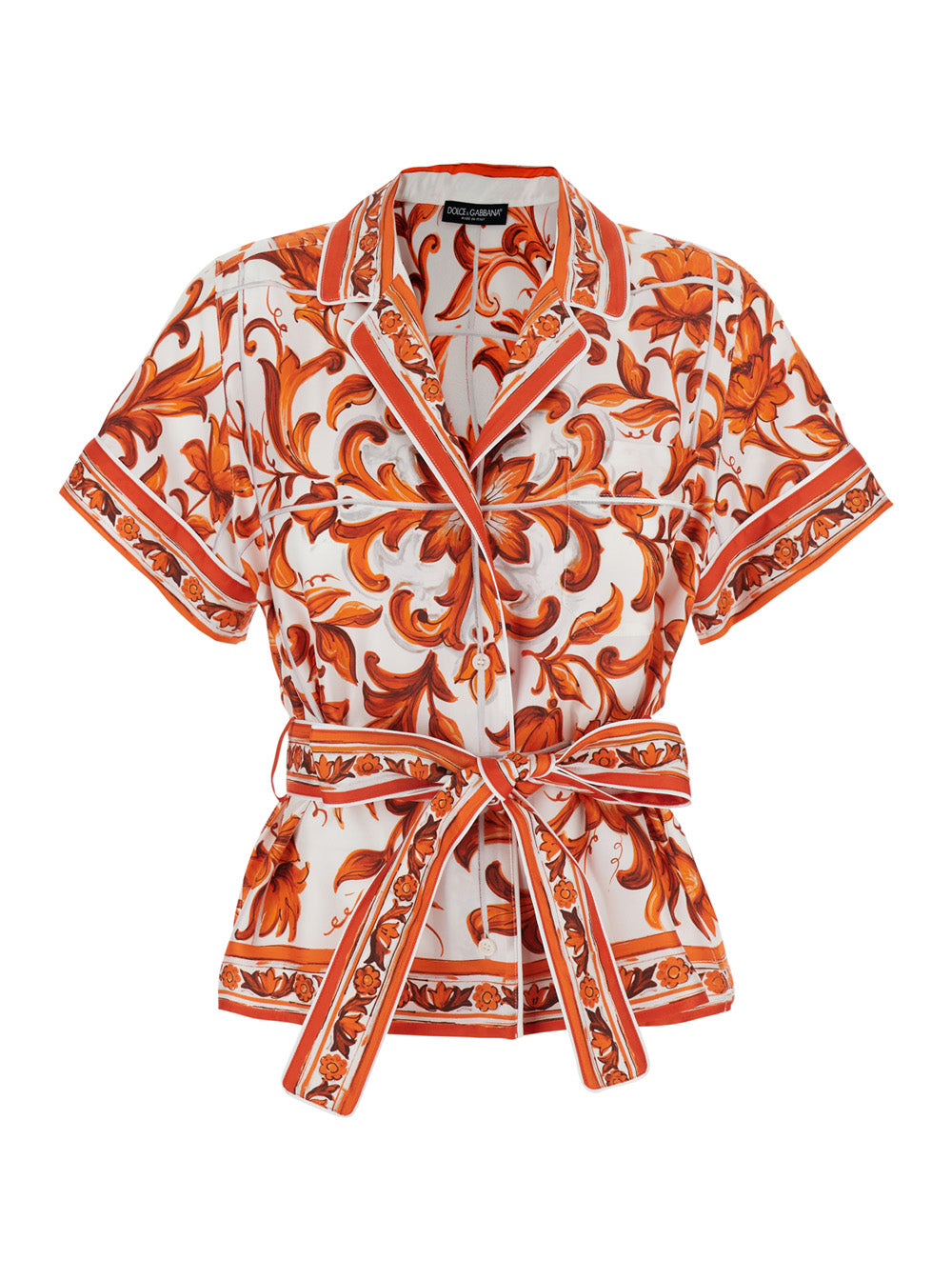 Dolce & Gabbana Women Orange Shirt With All-Over Maiolica Print And Waist Belt In Silk For Women DOLCE & GABBANA