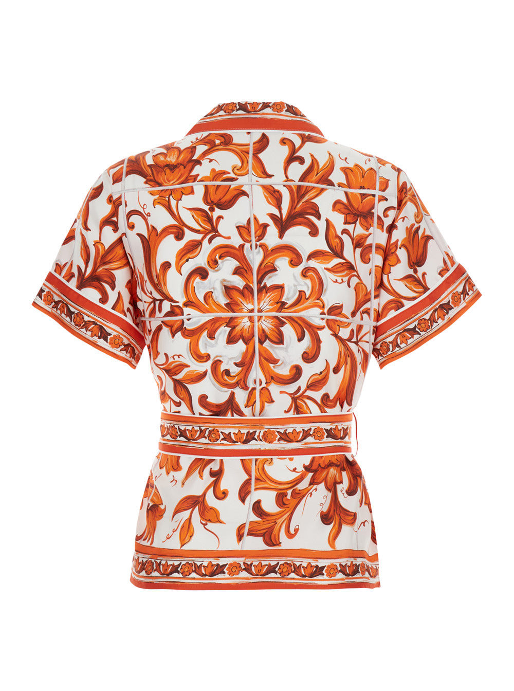 Dolce & Gabbana Women Orange Shirt With All-Over Maiolica Print And Waist Belt In Silk For Women DOLCE & GABBANA