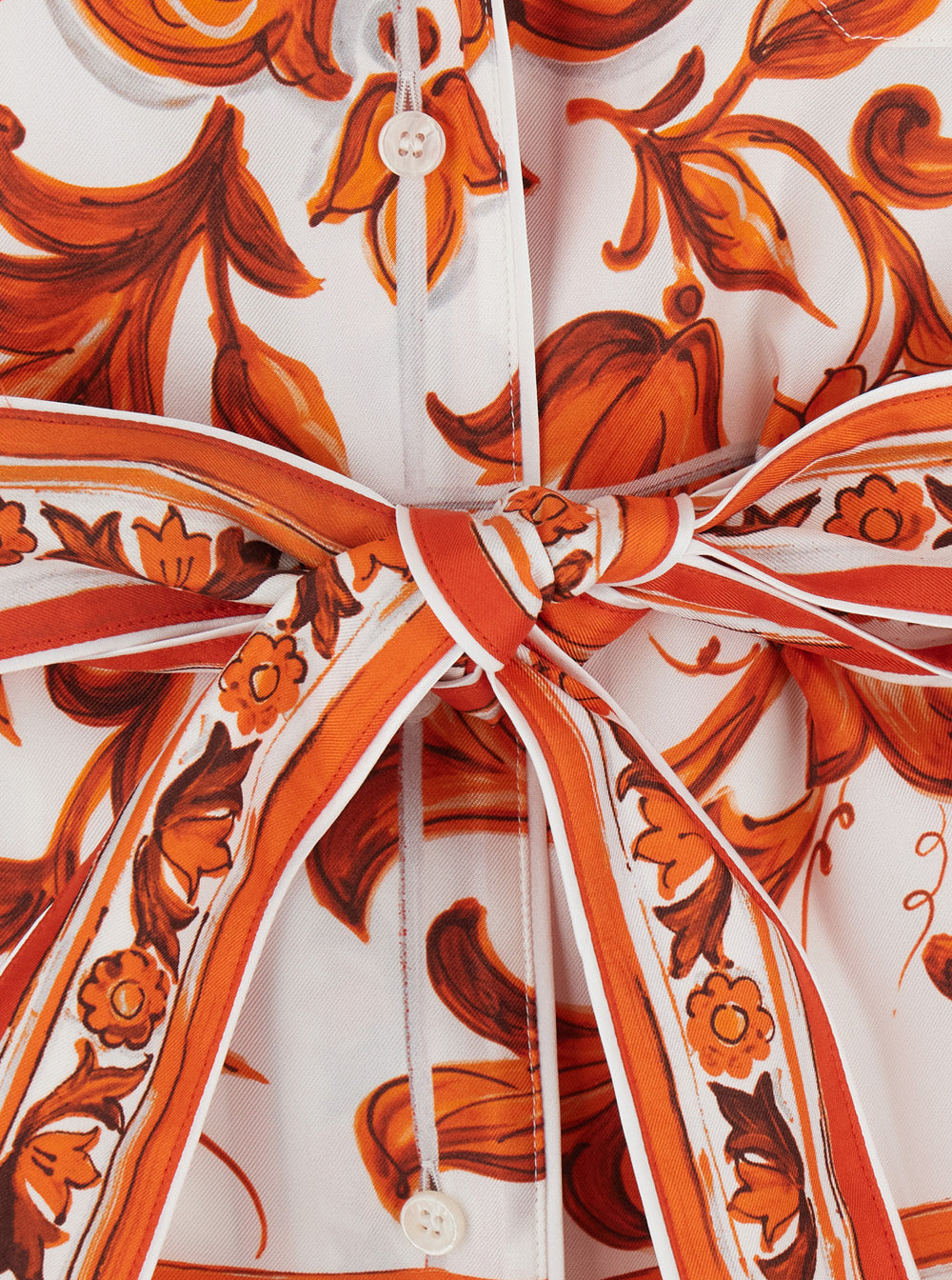Dolce & Gabbana Women Orange Shirt With All-Over Maiolica Print And Waist Belt In Silk For Women DOLCE & GABBANA