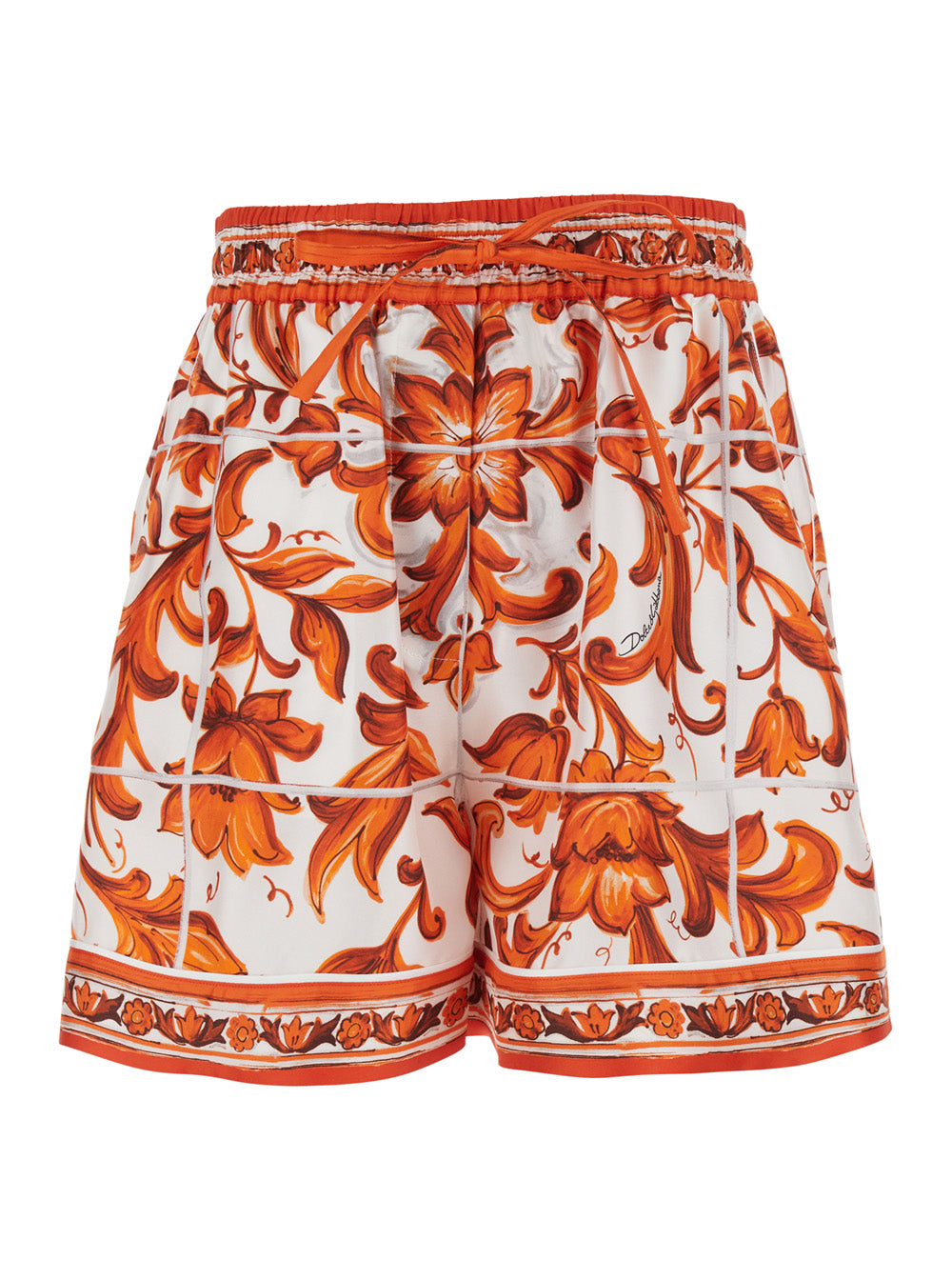 Dolce & Gabbana Women Orange Shorts With All-Over Maiolica Print In Silk For Women DOLCE & GABBANA