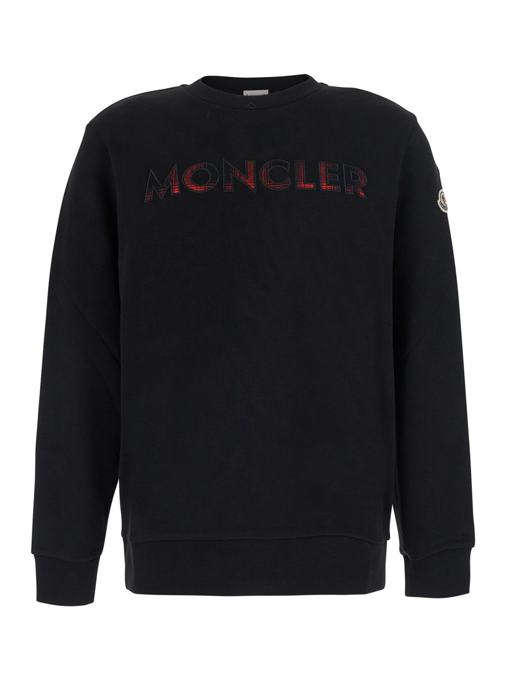 Moncler Men Black Crew Neck Sweater With Logo Lettering On The Front And Logo Patch On The Sleeve In Cotton Blend Men MONCLER