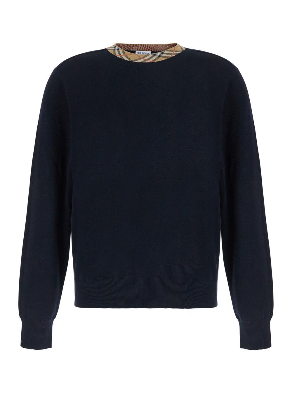 Burberry Men 'Michael' Blue Crew Neck Sweater With Check Motif On The Neck In Wool For Men BURBERRY