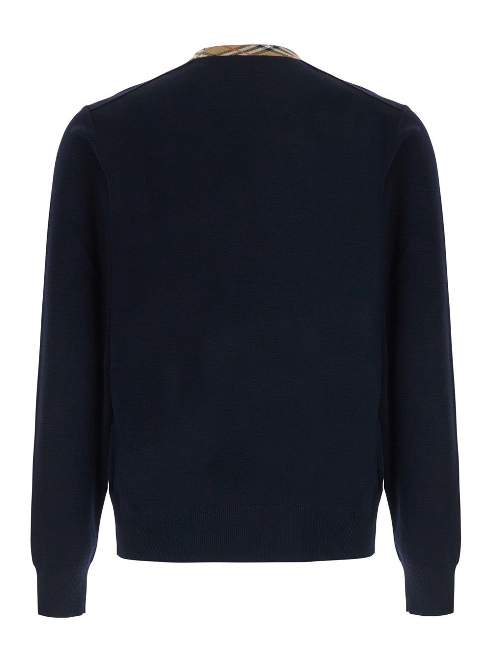 Burberry Men 'Michael' Blue Crew Neck Sweater With Check Motif On The Neck In Wool For Men BURBERRY