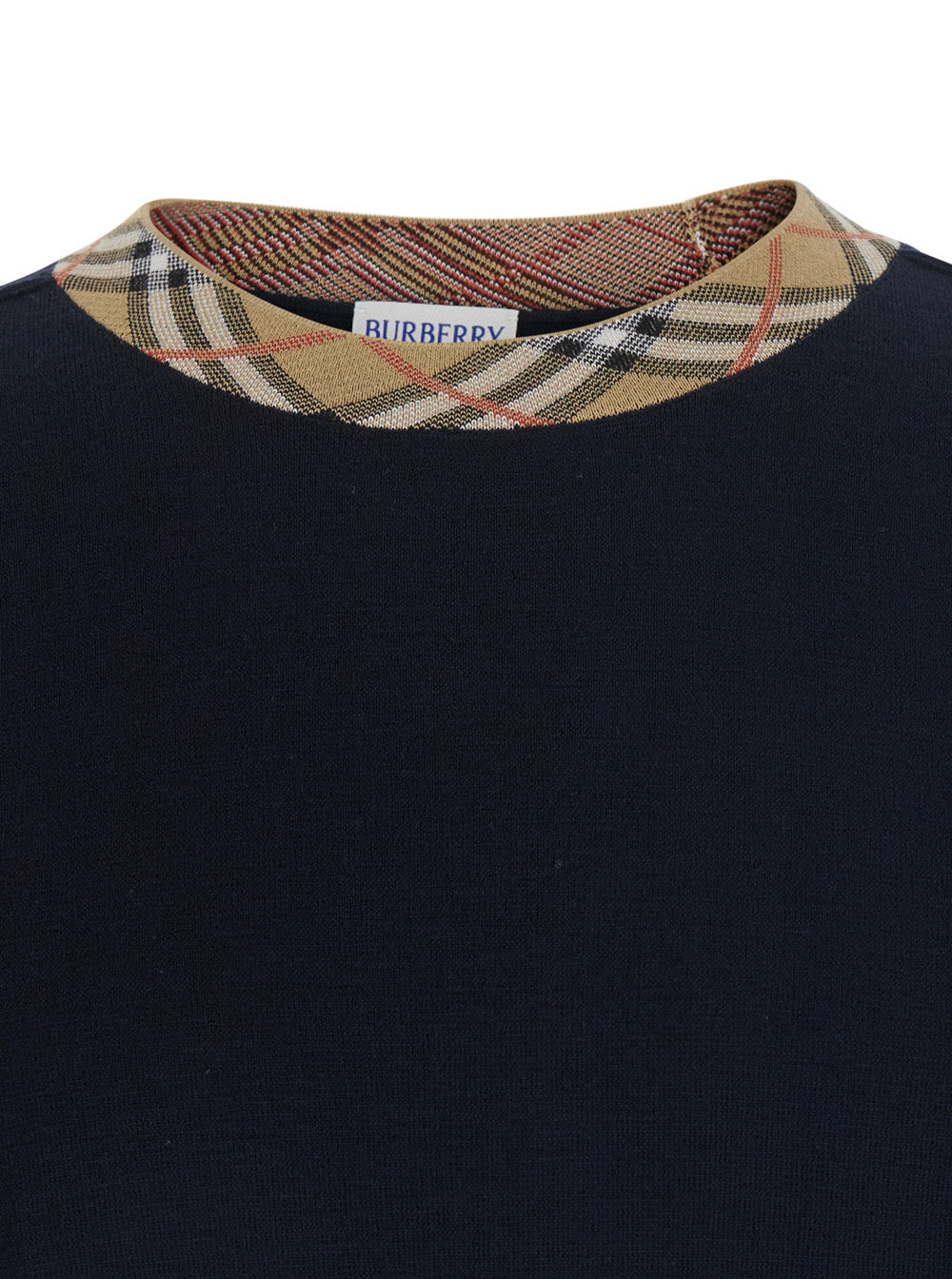 Burberry Men 'Michael' Blue Crew Neck Sweater With Check Motif On The Neck In Wool For Men BURBERRY