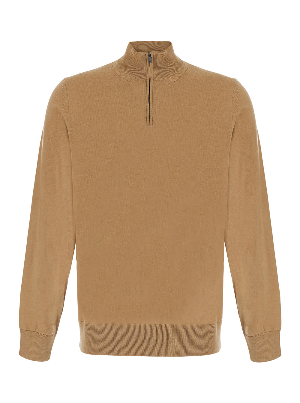 Boss Men Beige Sweater With Half Zip Closure On The Front In Wool For Men BOSS