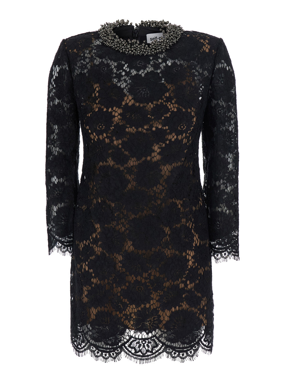 Self-Portrait Women Mini Dress With Long Lace Sleeves And Round Neckline, Tech Fabric, Black, Women SELF-PORTRAIT