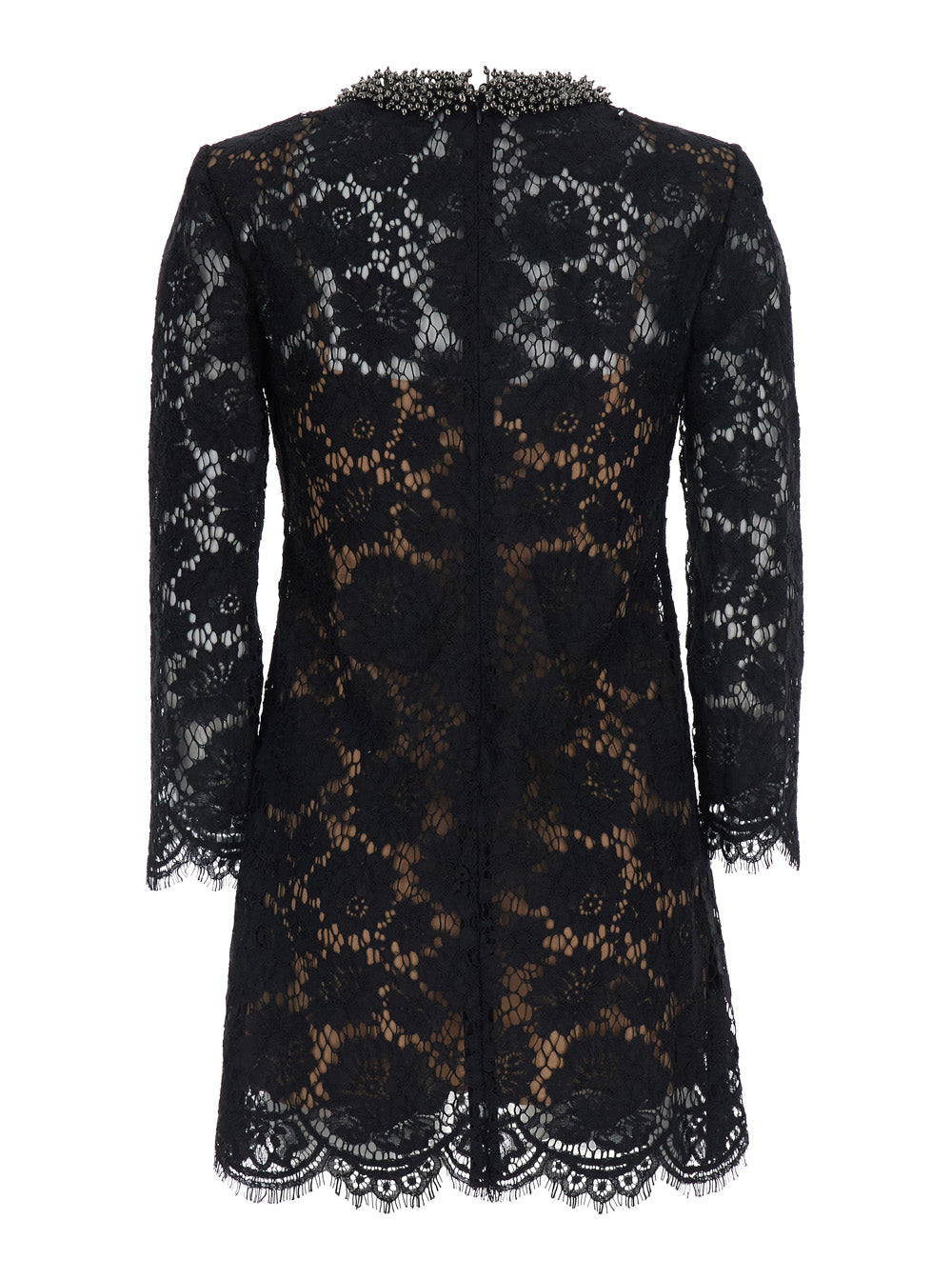 Self-Portrait Women Mini Dress With Long Lace Sleeves And Round Neckline, Tech Fabric, Black, Women SELF-PORTRAIT