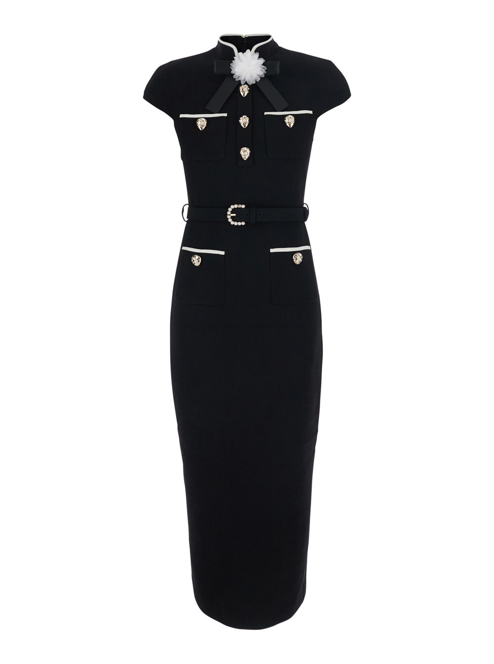 Self-Portrait Women Midi Dress In Wool Crepe With V-Neck And Long Sleeves In Black For Women SELF-PORTRAIT