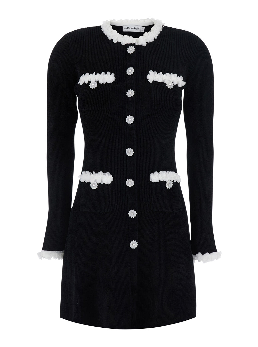 Self-Portrait Women Dress Mini With Floral Trims And Round Neckline In Chenille, Black, Woman SELF-PORTRAIT