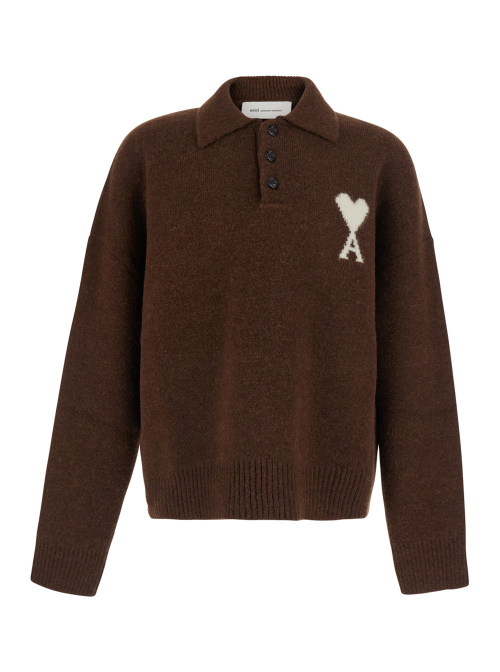 Ami Paris Men Brown Sweater With Polo Collar And Adc Embroidery On The Front In Wool For Men AMI PARIS