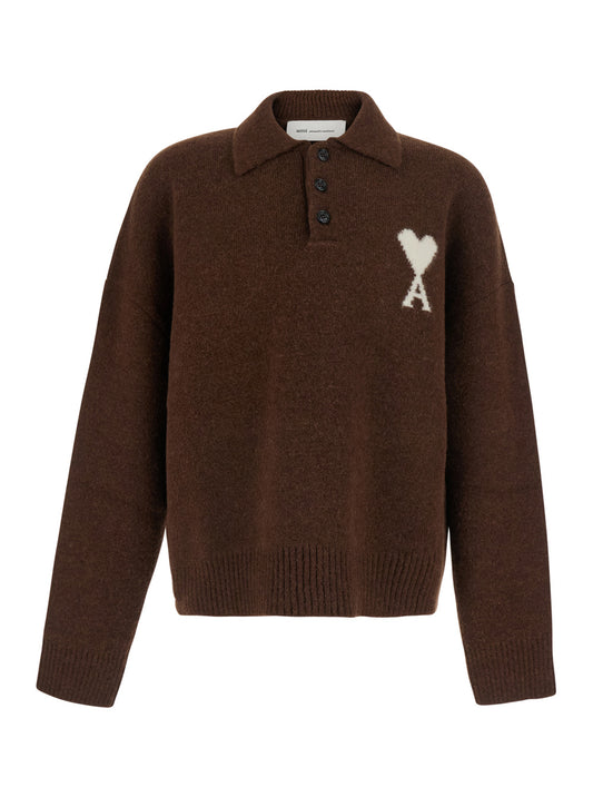 Ami Paris Men Brown Sweater With Polo Collar And Adc Embroidery On The Front In Wool For Men AMI PARIS
