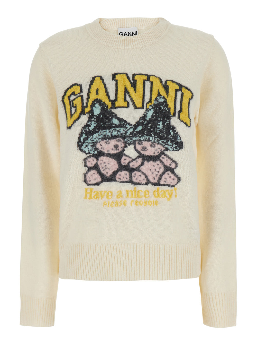 Ganni Women Sweater With Mushroom Graphic In White Wool For Women GANNI