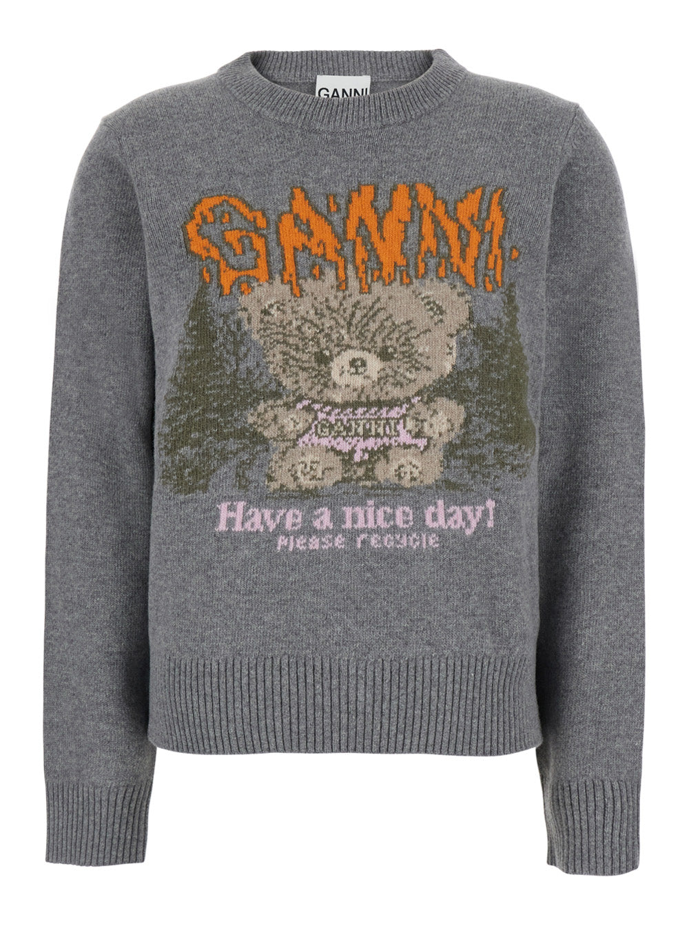 Ganni Women Gray Sweater With Graphic In Wool GANNI