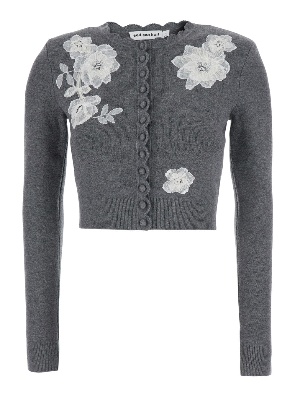 Self-Portrait Women Cardigan In Knit With Gray Lace Motif And Long Sleeves In Wool, Women SELF-PORTRAIT