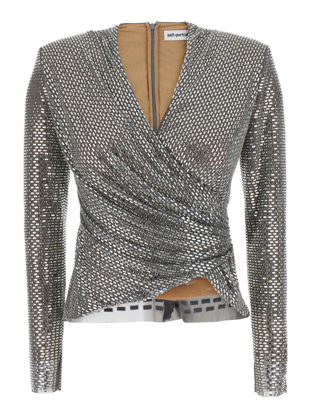 Self-Portrait Women Mesh Top With Gray Rhinestones And Long Sleeves In Gray Women SELF-PORTRAIT