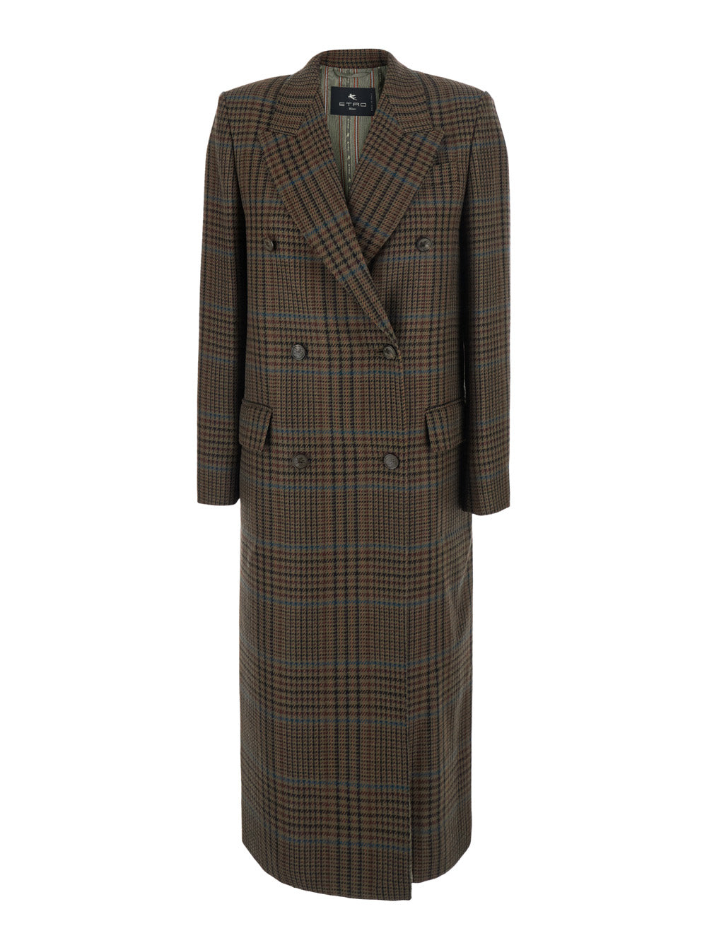 Etro Women Brown Double-Breasted Coat With Peak Revers And Check Motif In Wool For Women ETRO