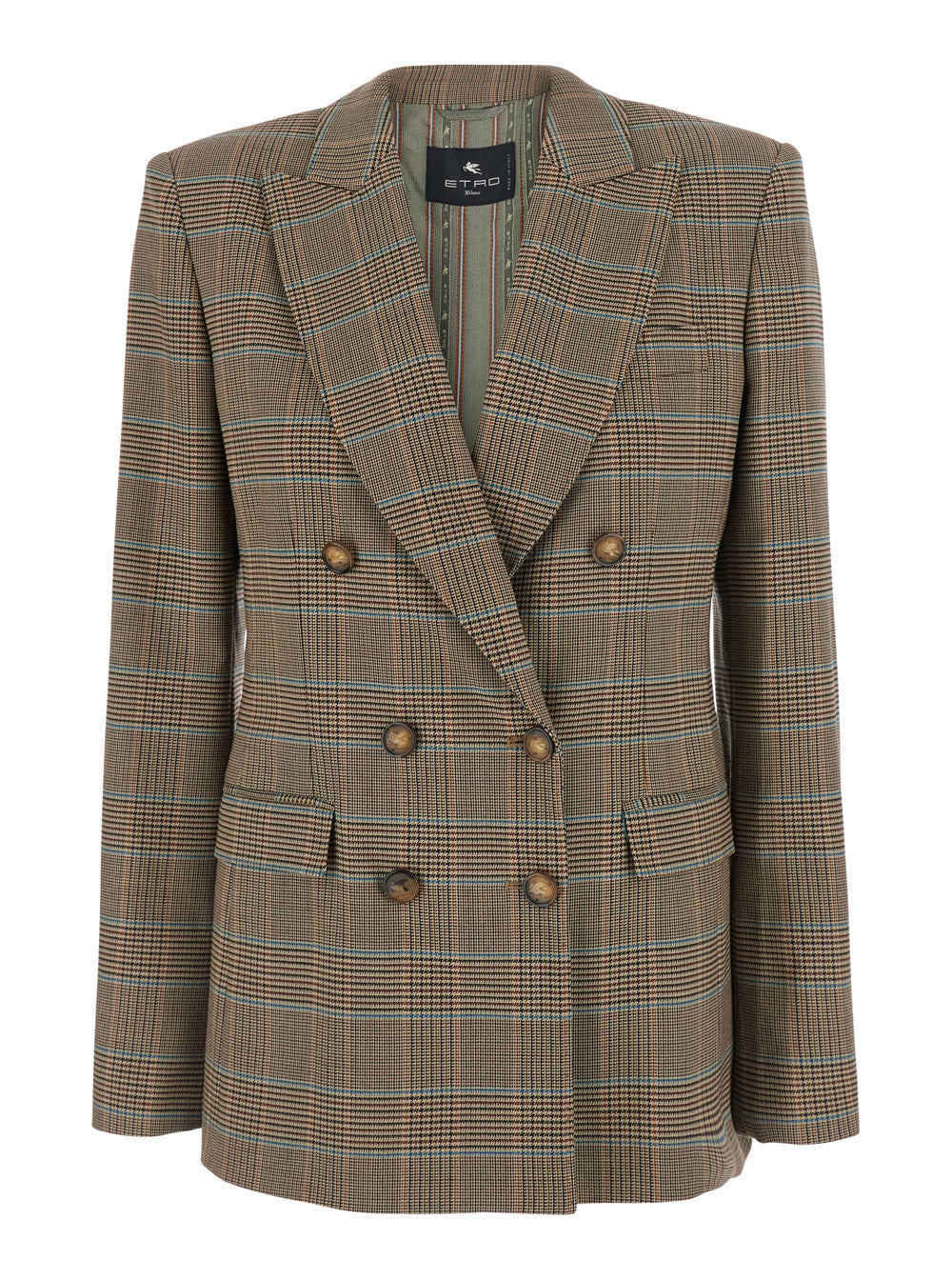 Etro Women Beige Double-Breasted Jacket With Peak Lapels And Check Motif In Wool Blend For Women ETRO