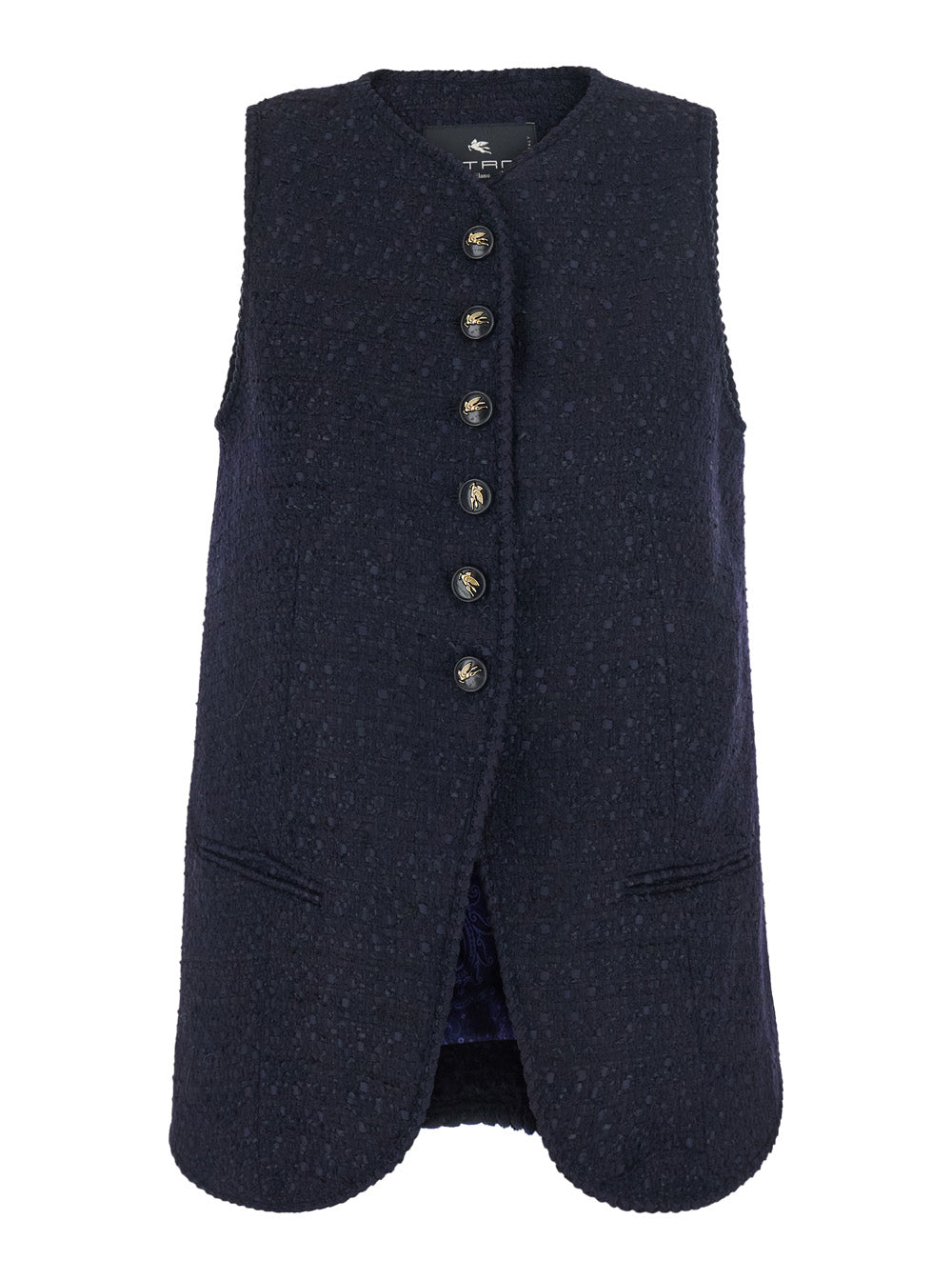 Etro Women Blue Sleeveless Round Neck Jacket With A-Line Design In Blend Wool Women ETRO
