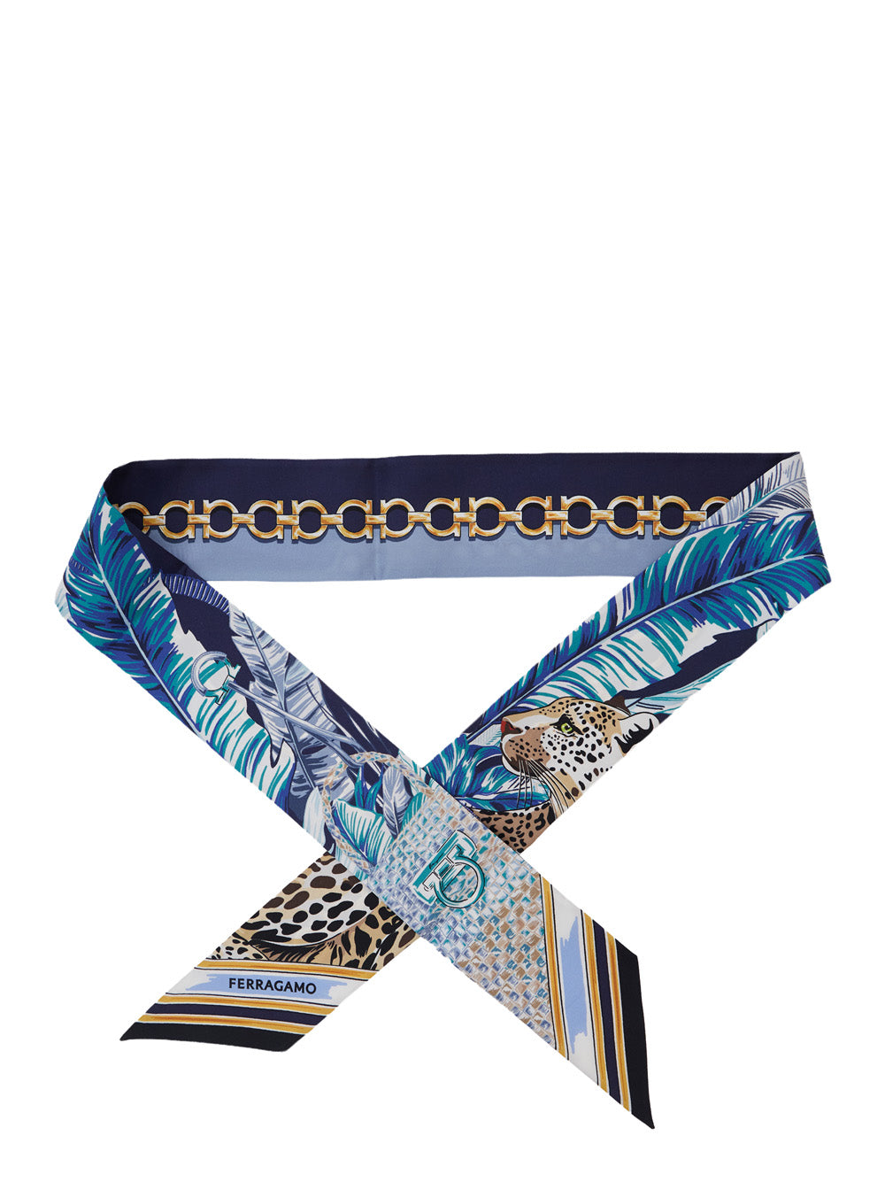Ferragamo Women Blue Silk Scarf With Print Motif FERRAGAMO