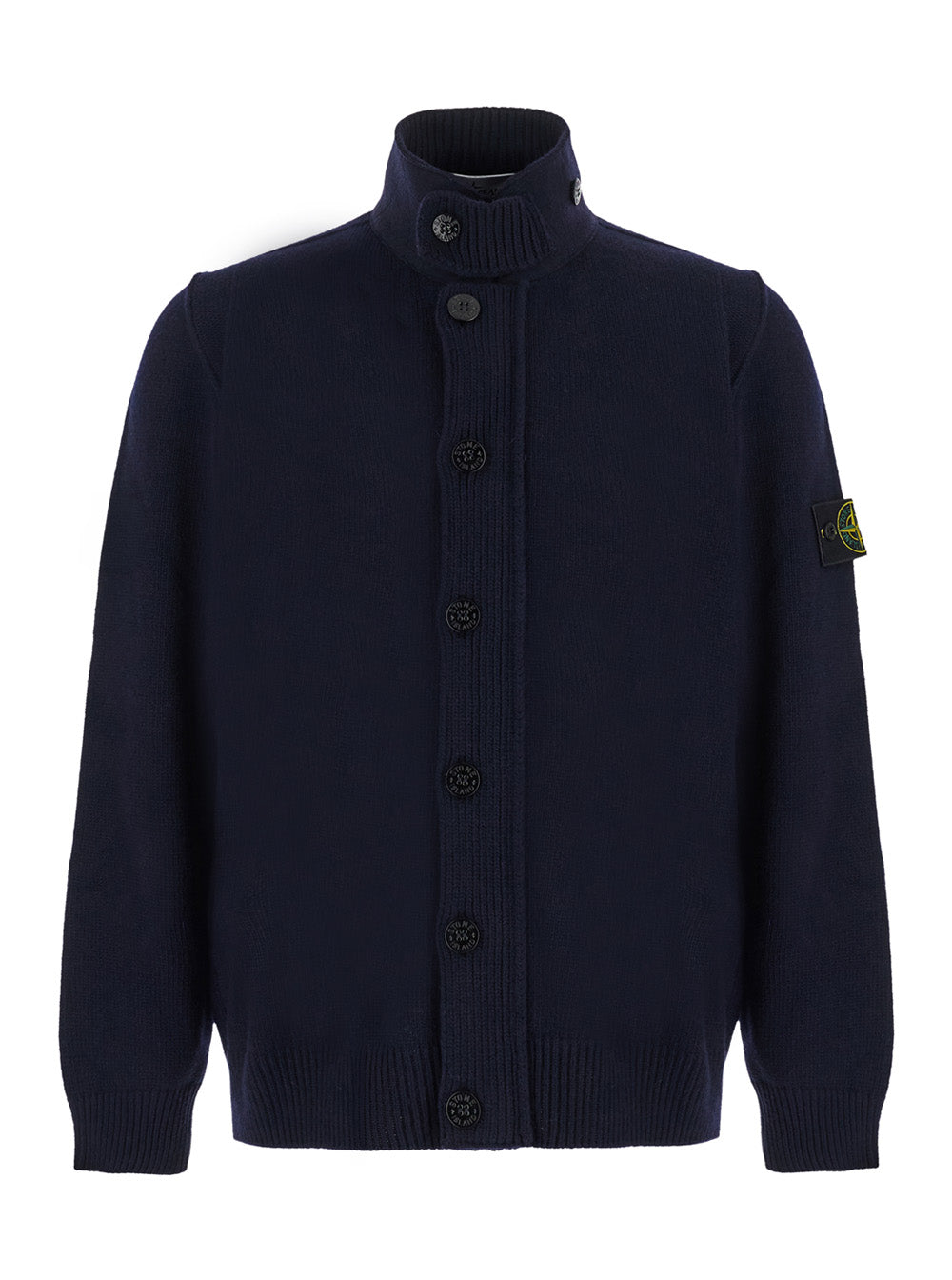 Stone Island Men Blue Cardigan With High Collar And Logo Patch On The Sleeve In Wool For Men STONE ISLAND