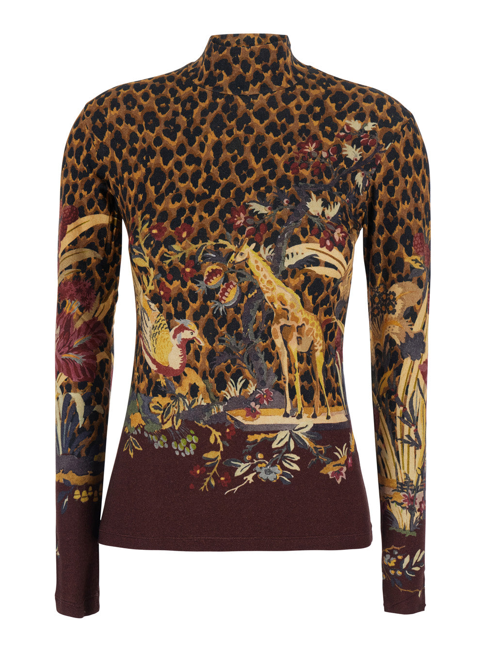 Etro Women Brown High-Neck Sweater With Animal Motif All-Over In Wool Blend Women ETRO