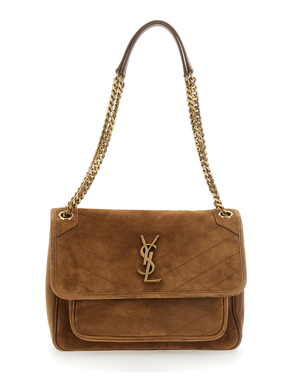 Saint Laurent Women 'Niki Medium' Brown Crossbody Bag With Metal Ysl Plaque On The Front In Suede For Women SAINT LAURENT