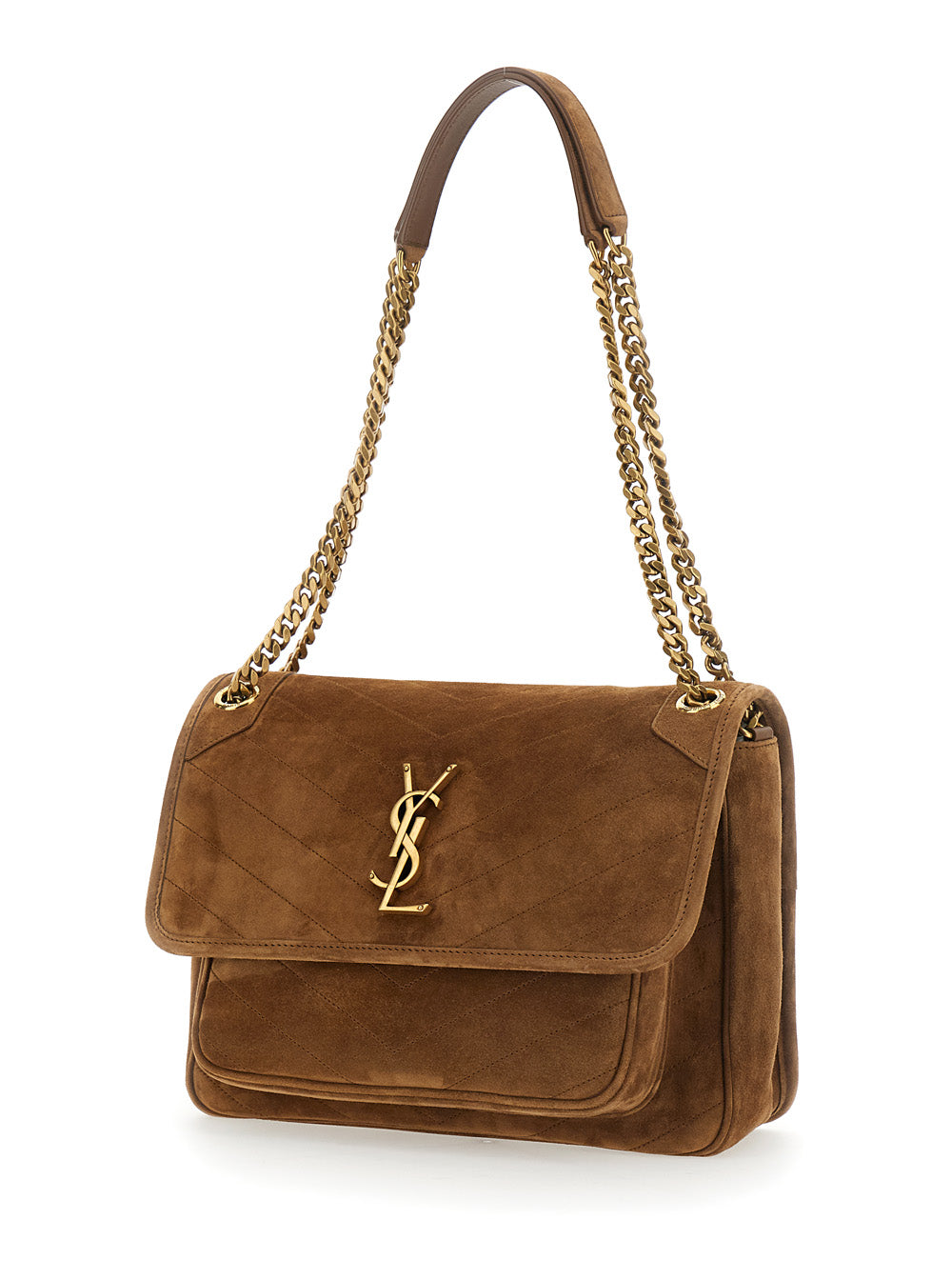Saint Laurent Women 'Niki Medium' Brown Crossbody Bag With Metal Ysl Plaque On The Front In Suede For Women SAINT LAURENT