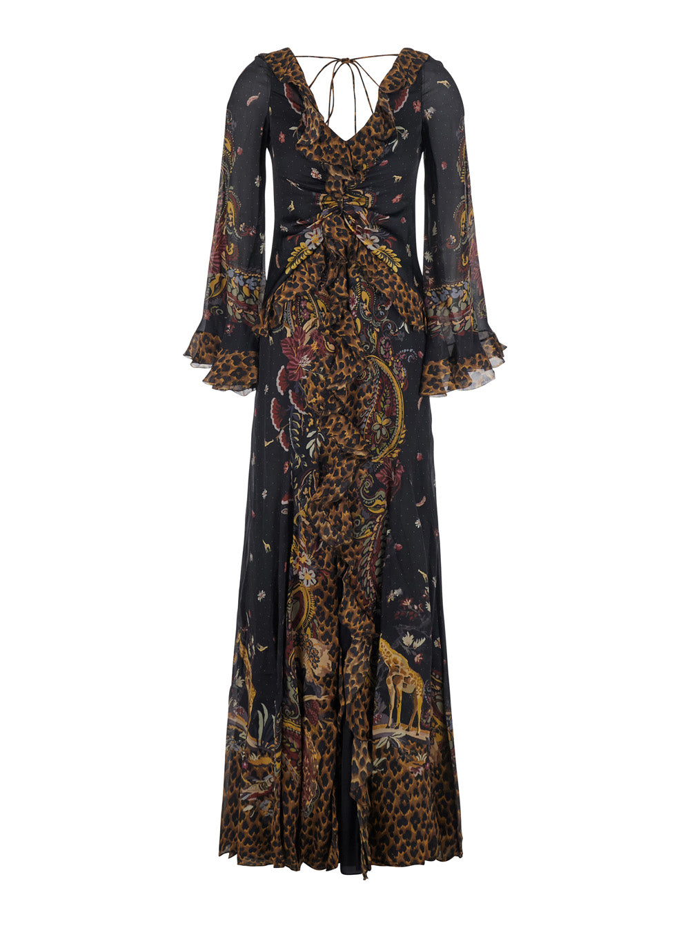 Etro Women Brown Long Dress With V-Neck And Ruffled Sleeves In Tech Fabric Women ETRO
