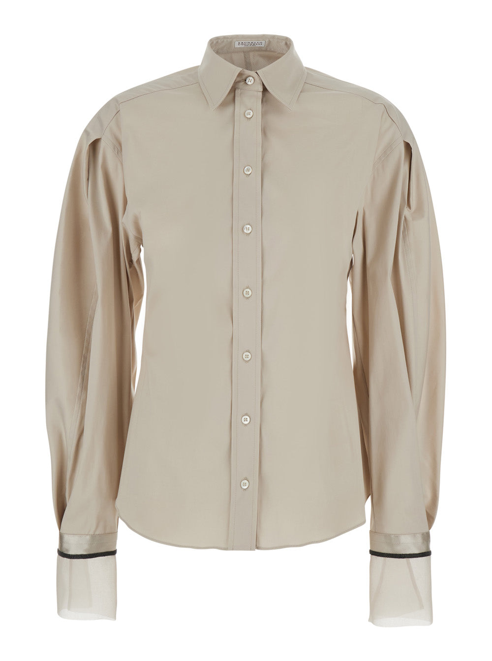 Brunello Cucinelli Women Beige Shirt With Monili Decorations On The Cuffs In Cotton Poplin Women BRUNELLO CUCINELLI