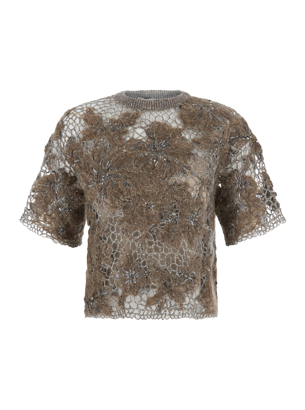 Brunello Cucinelli Women Beige Crew Neck T-Shirt With Deconstructed Shoulders In Wool Blend For Women BRUNELLO CUCINELLI