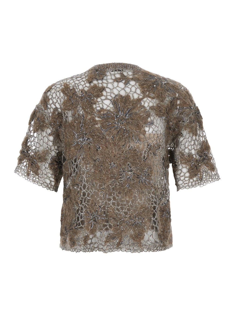 Brunello Cucinelli Women Beige Crew Neck T-Shirt With Deconstructed Shoulders In Wool Blend For Women BRUNELLO CUCINELLI