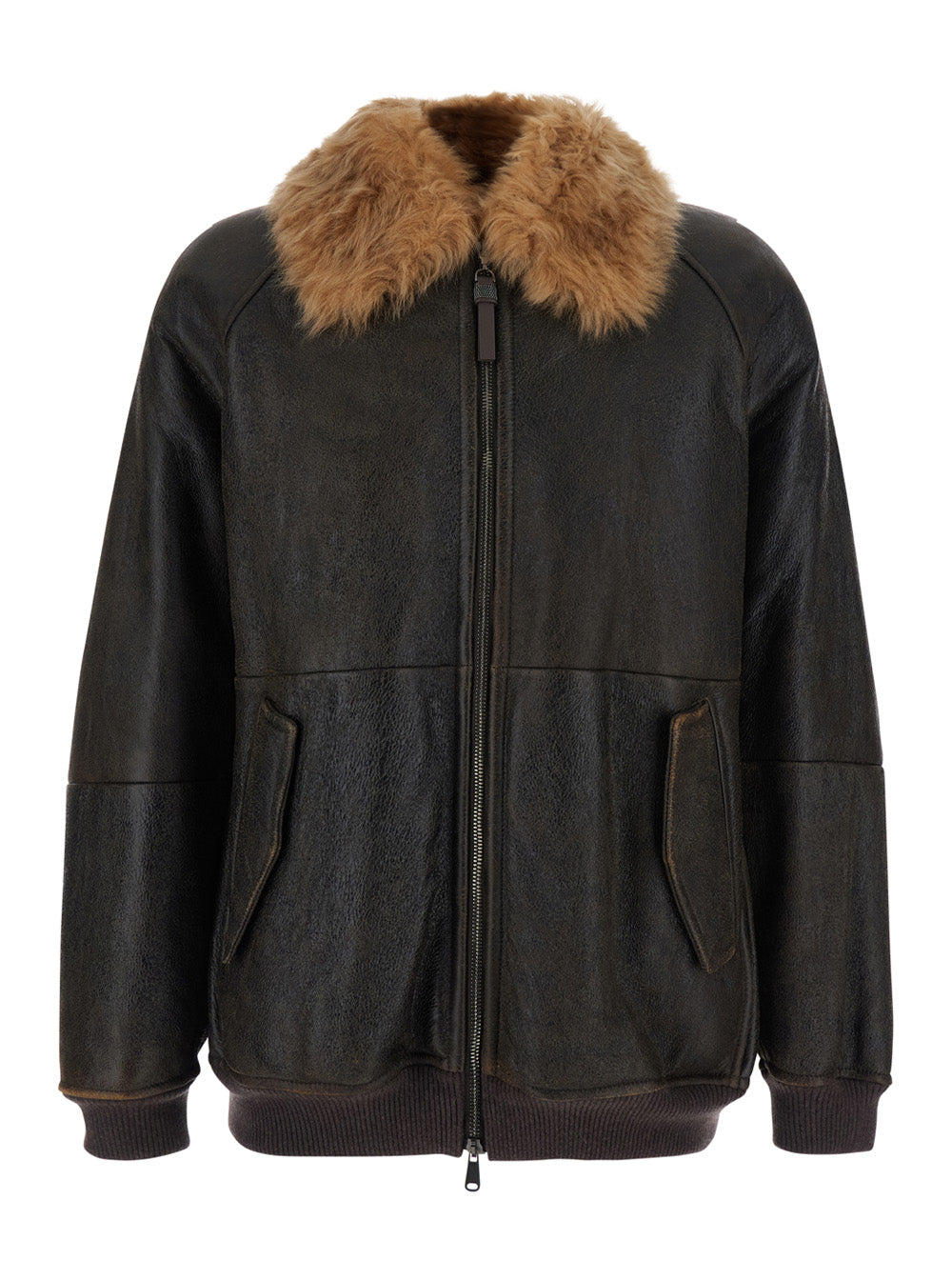 Brunello Cucinelli Women Brown Jacket With Fur Collar And Monil Zipper Pull In Leather For Women BRUNELLO CUCINELLI