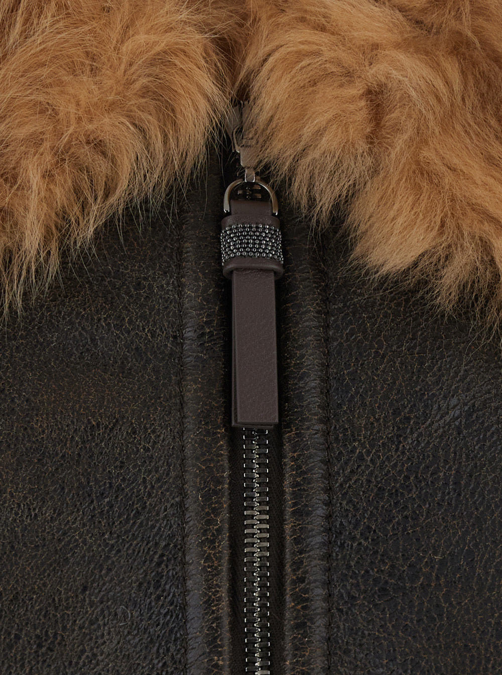 Brunello Cucinelli Women Brown Jacket With Fur Collar And Monil Zipper Pull In Leather For Women BRUNELLO CUCINELLI