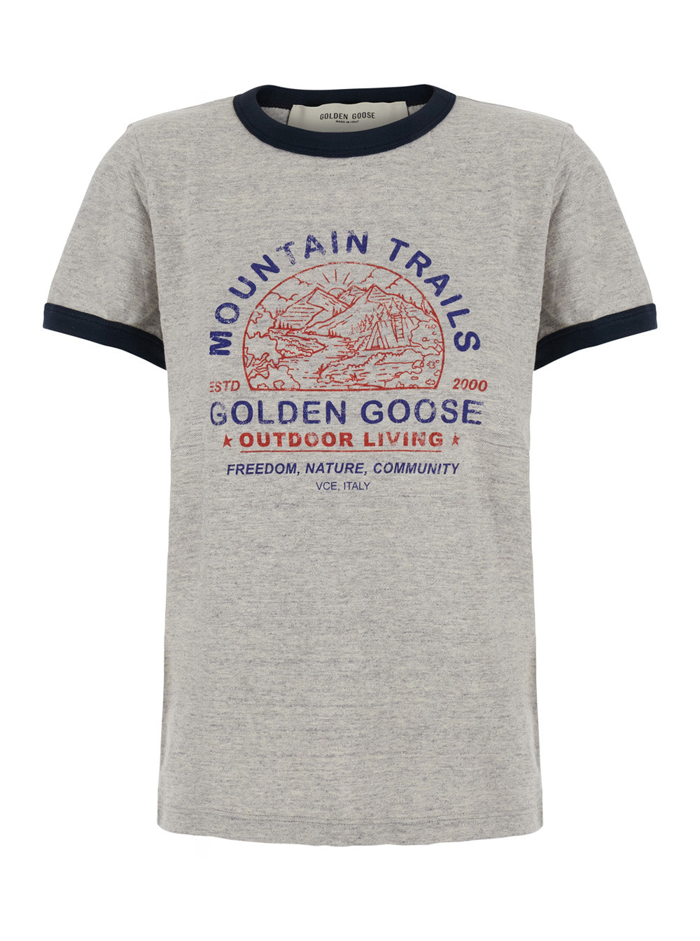 Golden Goose Women Grey Crew-Neck T-Shirt With Contrasting Collar And Cuffs And Logo Print On The Front In Cotton For Women GOLDEN GOOSE