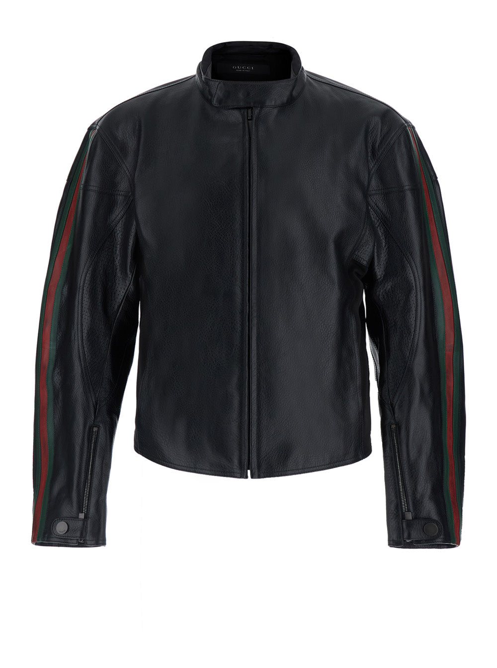 Gucci Men Black Jacket With High Collar And Web Stripe On The Sleeves In Leather For Men GUCCI