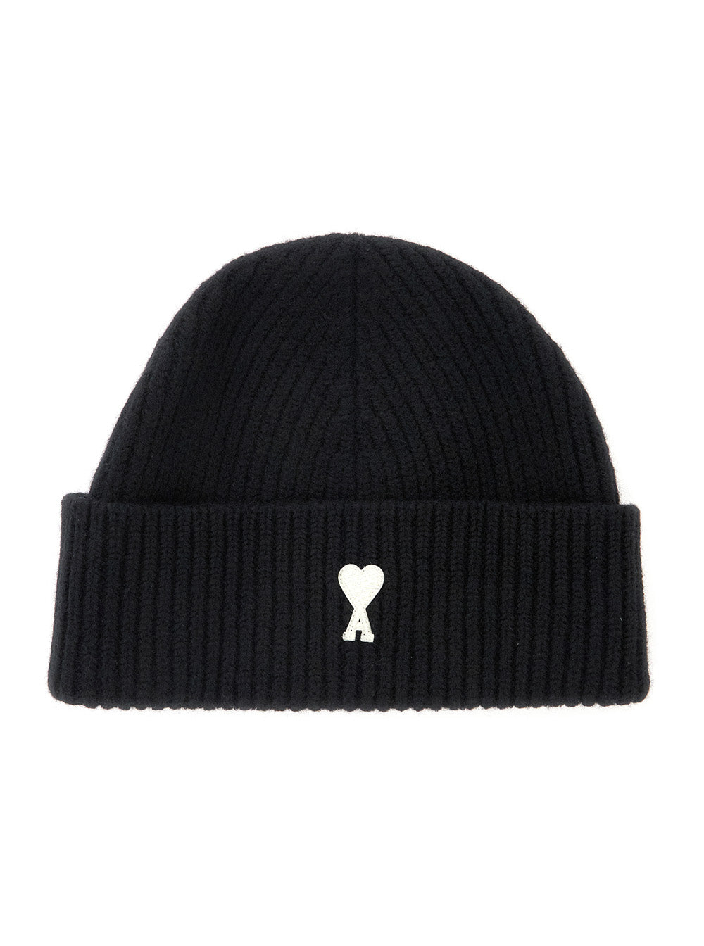 Ami Paris Men Beanie With Contrast Ami De Coeur In Black Wool Unisex AMI PARIS