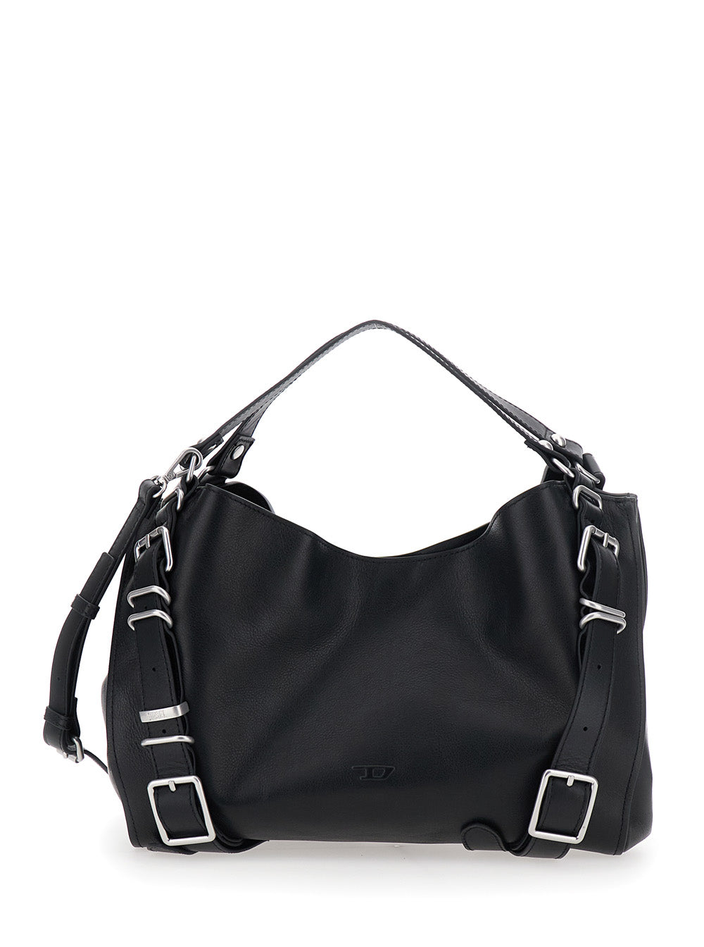 Diesel Women 'D-One' Black Shoulder Bag With Logo On The Front And Decorative Straps With Buckles In Leather For Women DIESEL