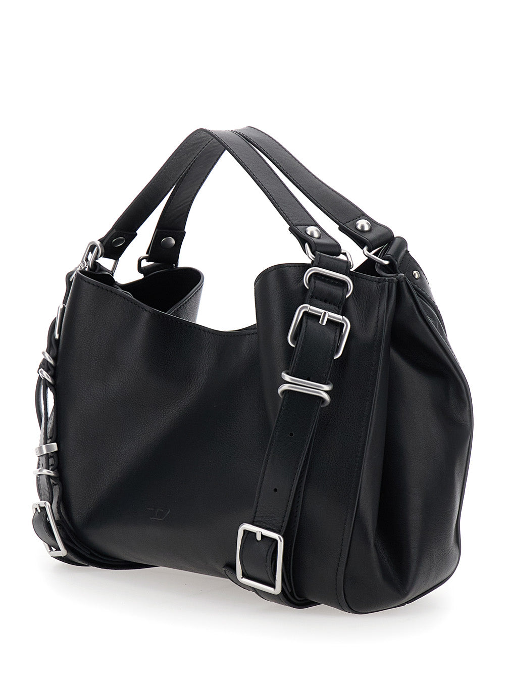 Diesel Women 'D-One' Black Shoulder Bag With Logo On The Front And Decorative Straps With Buckles In Leather For Women DIESEL