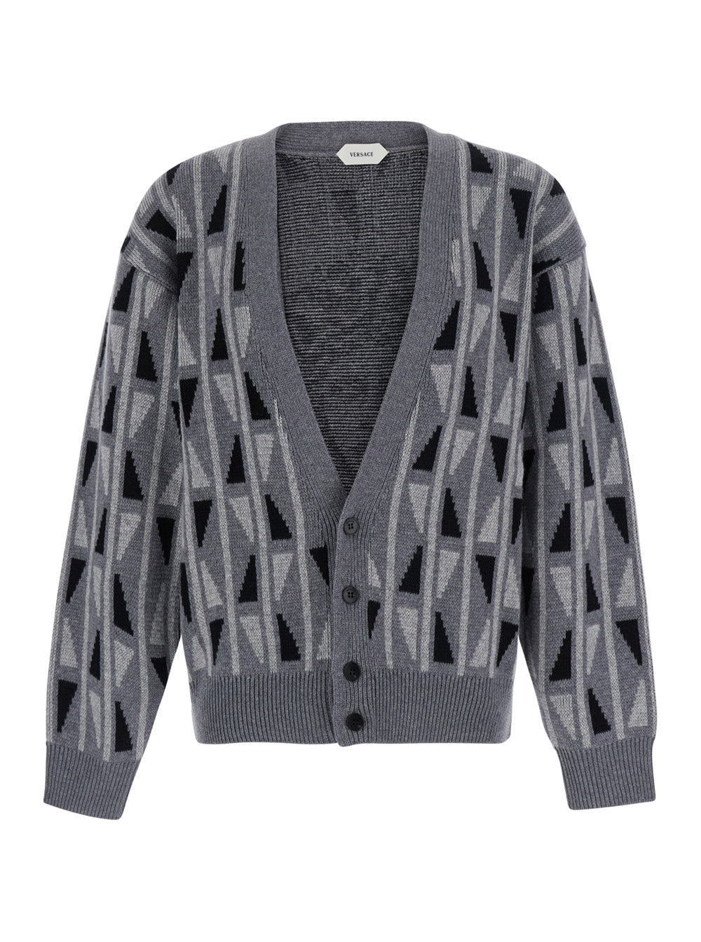 Versace Men Gray Sweater With Medusa Details On The Leather Front VERSACE
