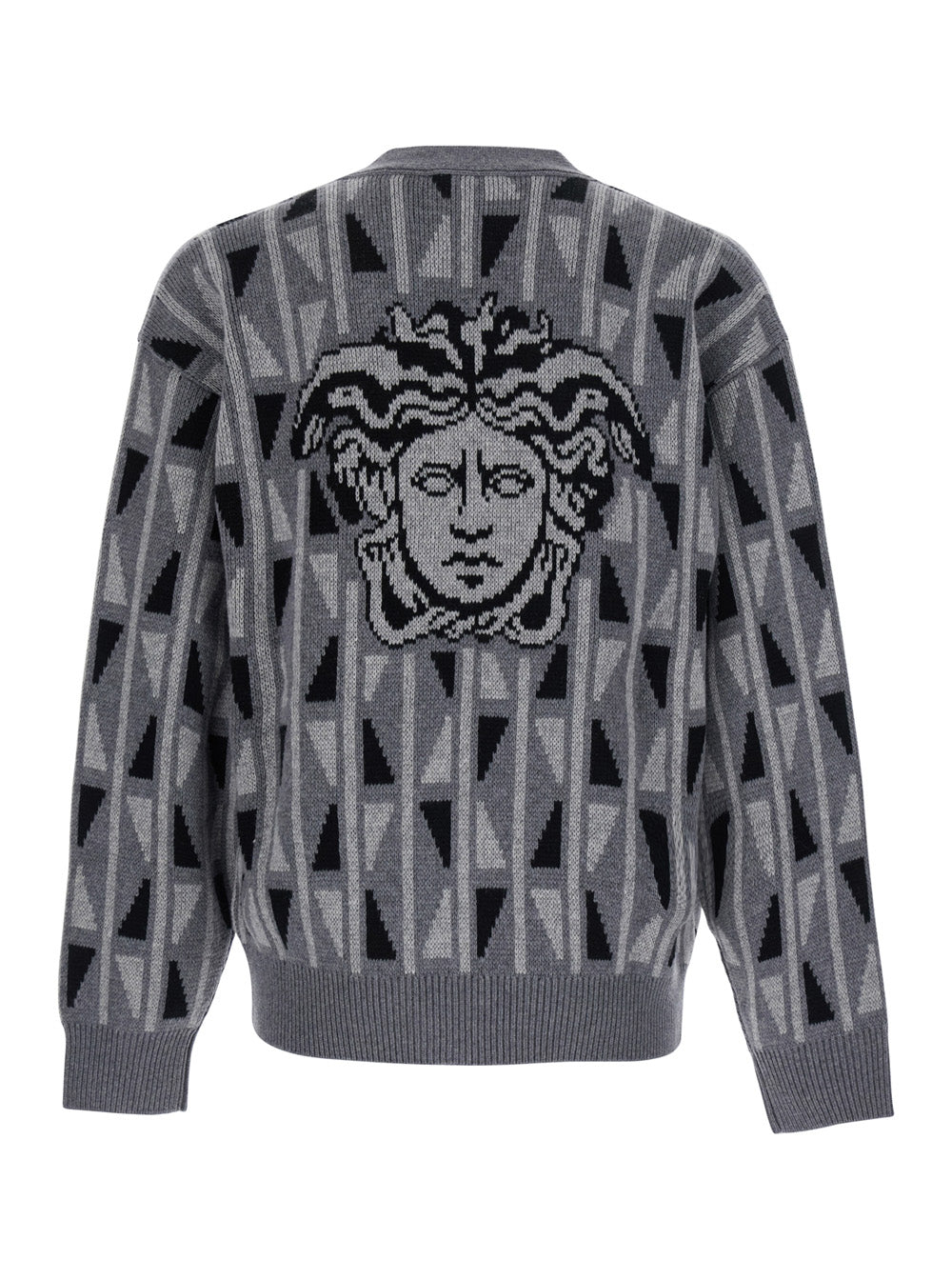 Versace Men Gray Sweater With Medusa Details On The Leather Front VERSACE