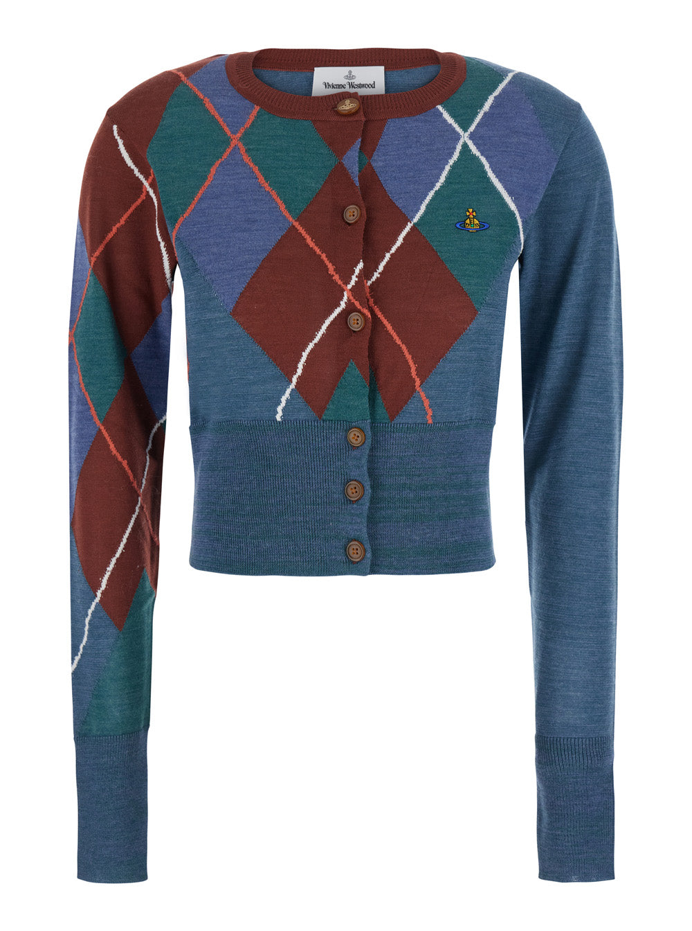 Vivienne Westwood Women Blue Crop Cardigan With Argyle Motif And Embroidered Logo On The Front In Wool Women VIVIENNE WESTWOOD