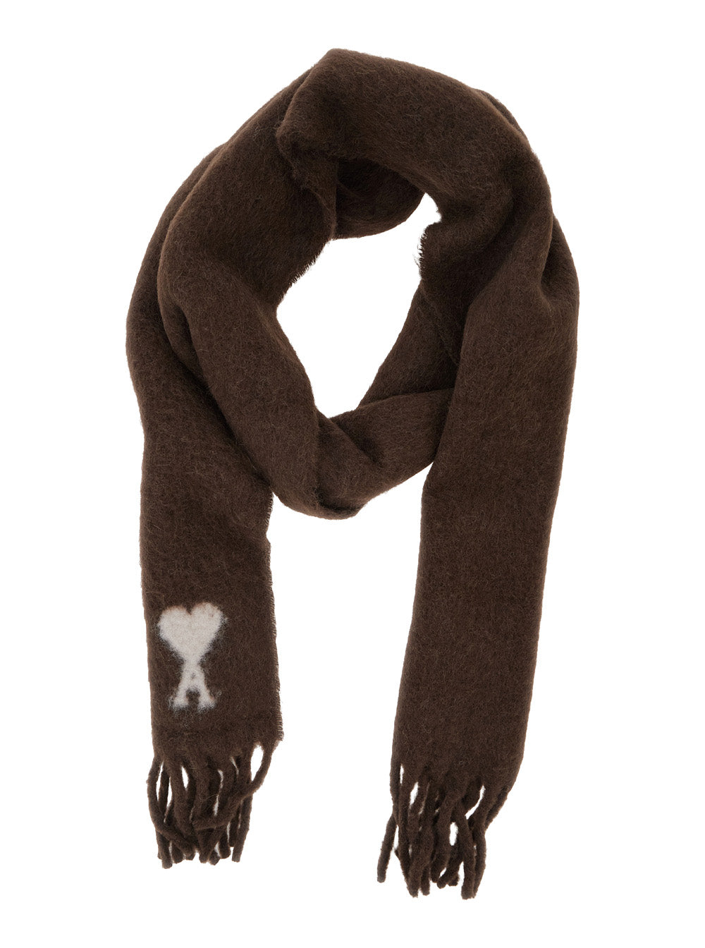 Ami Paris Men Brown Fringed Scarf With Adc Embroidery On The Front In Alpaca For Men AMI PARIS