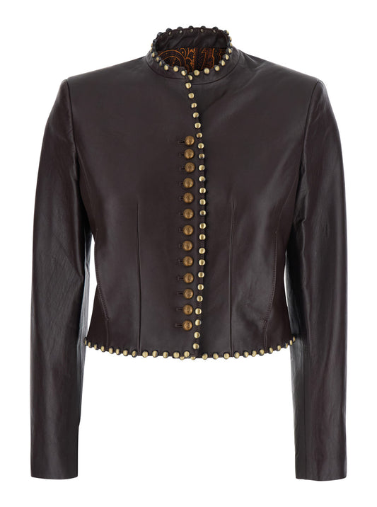 Etro Women Brown Jacket With Applied Studs And Logo Patch On The Back In Leather For Women ETRO